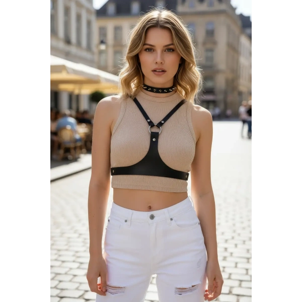 Siyah Kadın Kemer Deri Göğüs Üstü Vücut Aksesuarı - Brf1299