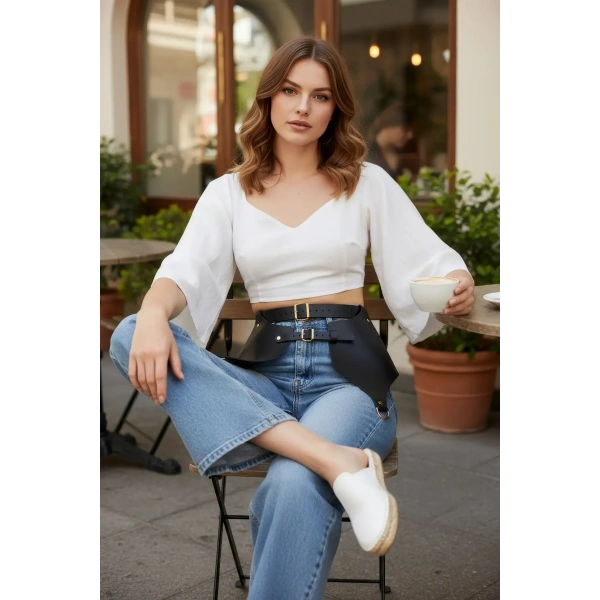 Siyah Kadın Kemer Geniş Panelli Çift Tokalı Bel Aksesuarı - Brf1119