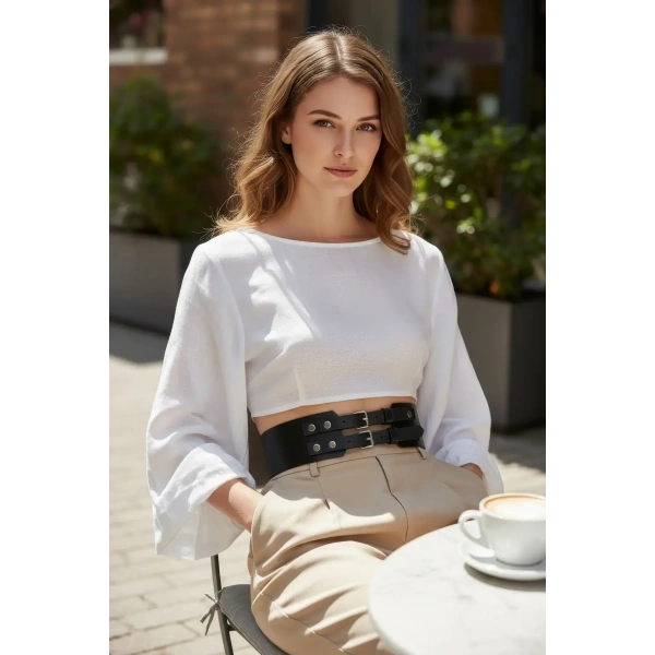 Siyah Kadın Kemer Kalın Çift Tokalı Bel Aksesuarı - Brf1203