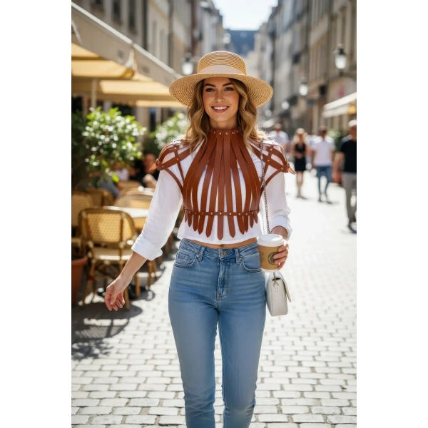 Taba Kadın Kemer Deri Şeritli Yüksek Yaka Vücut Aksesuarı - Brf1257