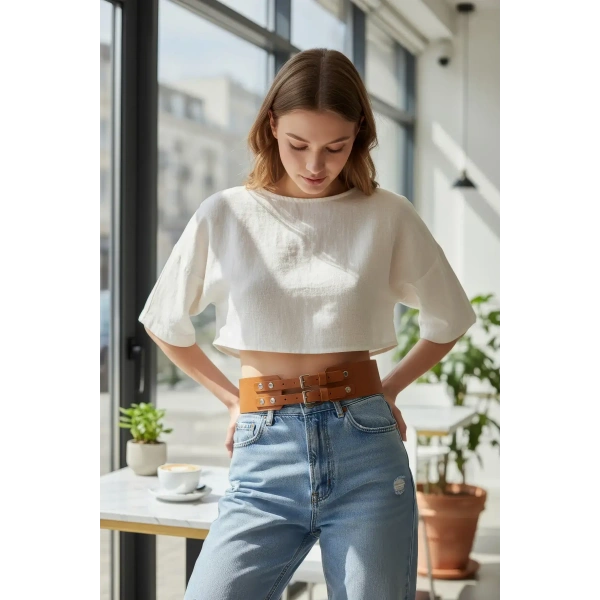 Taba Kadın Kemer Kalın Çift Tokalı Bel Aksesuarı - Brf1203