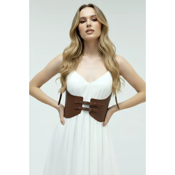 Taba Renk Kalın Kadın Kemeri, Deri Kemer Harness - Brf605