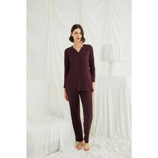 Uzun Kollu Boydan Düğmeli V Yaka Pijama Takımı