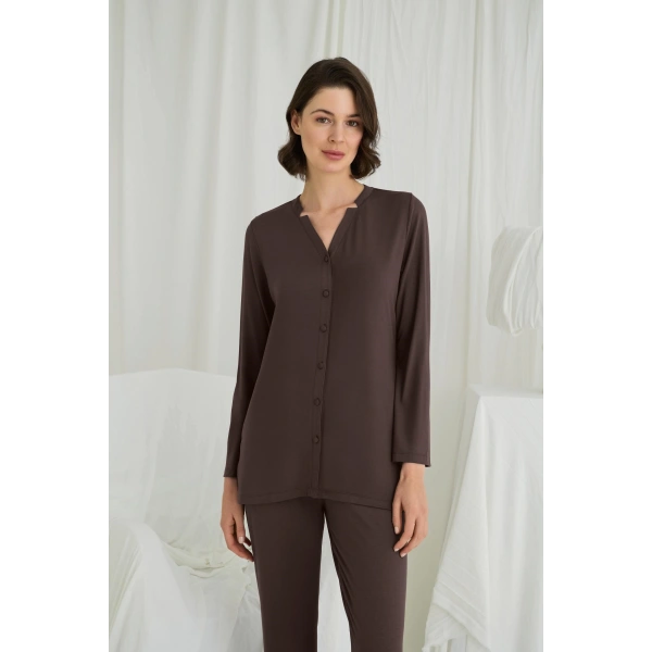 Uzun Kollu Boydan Düğmeli V Yaka Pijama Takımı