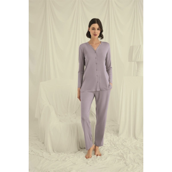 Uzun Kollu Düğmeli V Yaka Pijama Takımı