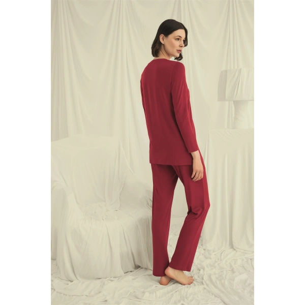 Uzun Kollu Düğmeli V Yaka Pijama Takımı