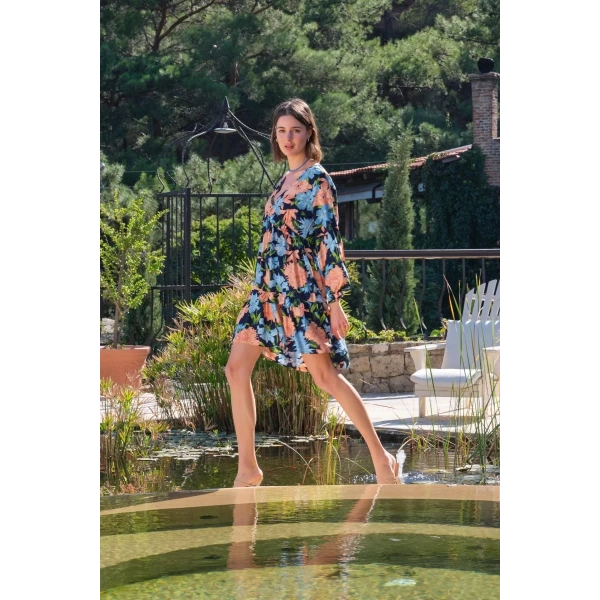 Viskon Çiçek Ve Yaprak Desenli Uzun Kollu Elbise