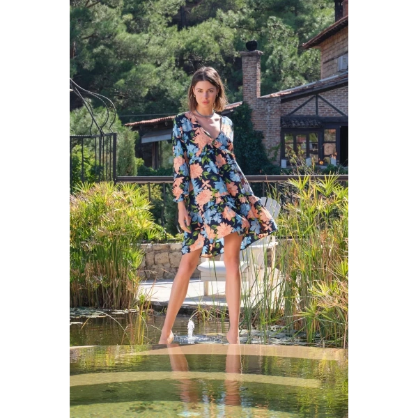 Viskon Çiçek Ve Yaprak Desenli Uzun Kollu Elbise