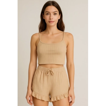 Crop Takım - Askılı Crop Takım Likralı Bej (S)