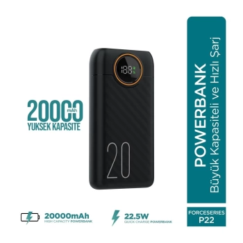 Force P22 20000mah 22.5w Hızlı Şarj Cihazı  - Fast Powerbank  - Dijital Ekran - Taşınabilir Şarj Cihazı