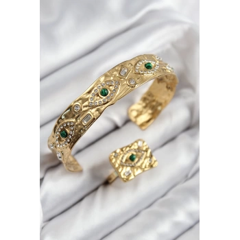 Pirinç Zirkon Taşlı Göz Model Gold Renk Bileklik Yüzük Set