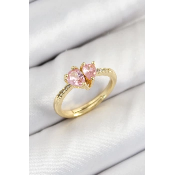 Pirinç Zirkon Taşlı Pembe Kalp Model Gold Renk Kadın Yüzük