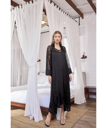 %100 Viskon Dantelli Ve Dekolteli Saten Sabahlık Takımı