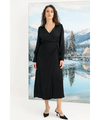 %100 Viskon Uzun Kollu Saten Elbise