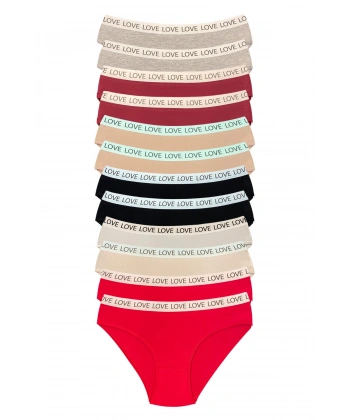 12 Adet Pamuklu Esnek Kadın Slip Bikini Külot Geniş Lastikli Baskılı