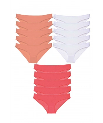 15 Adet Süper Eko Set Likralı Kadın Slip Külot Pudra Beyaz Fuşya
