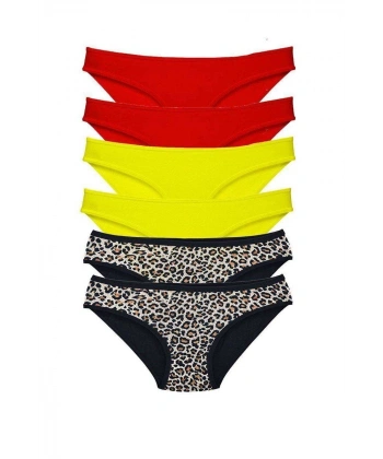 6 Adet Likralı Kadın Slip Külot Leopar Kırmızı Sarı Mudanis