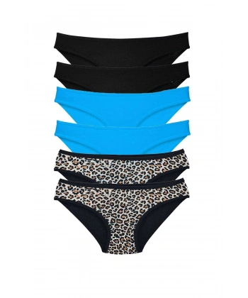 6 Adet Likralı Kadın Slip Külot Leopar Siyah Mavi