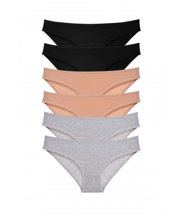 6 Adet Süper Eko Set Likralı Kadın Slip Külot Siyah Ten Gri