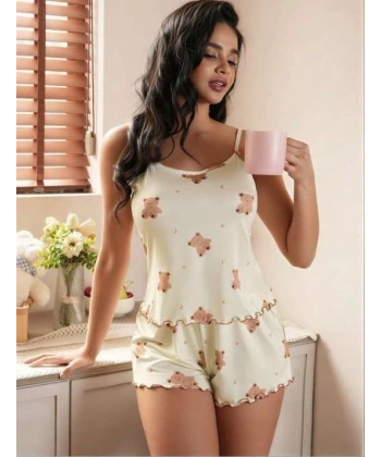 Ayıcık Desenli Askılı Şortlu Pijama Takımı