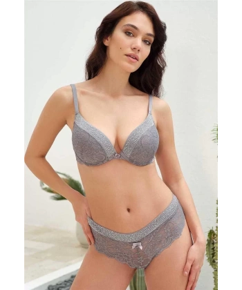 Balenli Destekli Dolgulu Taşlı Dantelli Sütyen Ve String Takım