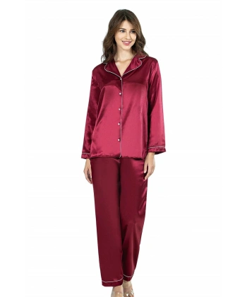 Bordo İkili Saten Gecelik Pijama Takımı 7647