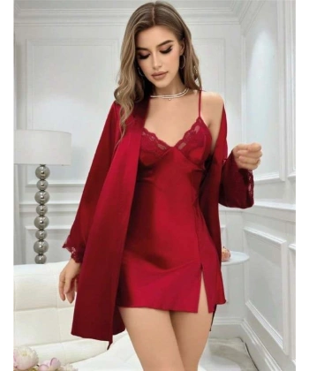 Bordo İnce Askılı Saten 2li Gecelik Sabahlık Takımı
