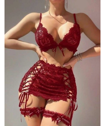 Bordo Transparan Dantel İşlemeli İp Detaylı Fantezi Takım