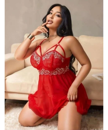 Büyük Beden Kırmızı Dantel İşlemeli Tül Gecelik