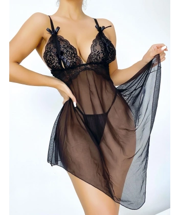 Dantel İşlemeli Kurdelalı Fantezi Siyah Gecelik Takımı