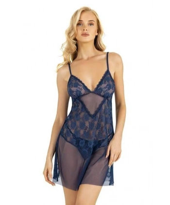 Dantel İşlemeli Lacivert Kısa Tül Gecelik