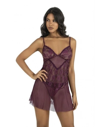 Dantel İşlemeli Mürdüm Kısa Tül Gecelik