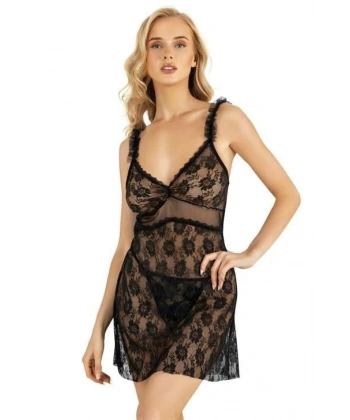 Dantel İşlemeli Siyah Kısa Tül Gecelik