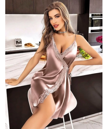 Dantel Kenarlı İnce Askılı Vizon Mini Saten Gecelik