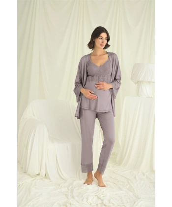 Dantelli Hamile Lohusa 3lü Pijama Takımı
