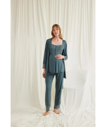 Dantelli Önü Düğmeli Hamile Lohusa 3lü Viskon Pijama Takımı