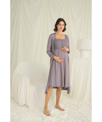 Dantelli Önü Düğmeli Hamile Lohusa Sabahlık Takımı