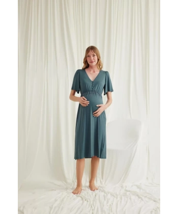 Dantelli Önü Düğmeli Hamile Lohusa Viskon Gecelik