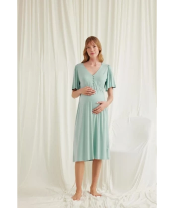 Dantelli Önü Düğmeli Hamile Lohusa Viskon Gecelik