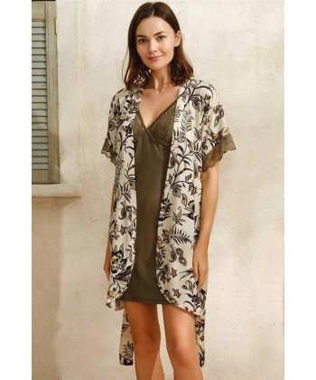 Dokuma Viskon Çiçek Baskılı Sabahlık Ve Dantelli Kısa Gecelik Takımı