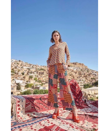 Etnik Desenli Saten Alt Üst Takım