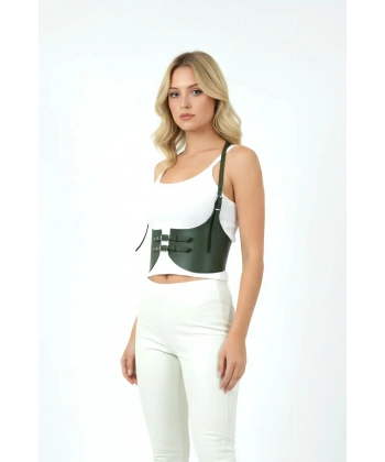 Haki Renk Kalın Kadın Kemeri, Deri Kemer Harness - Brf605