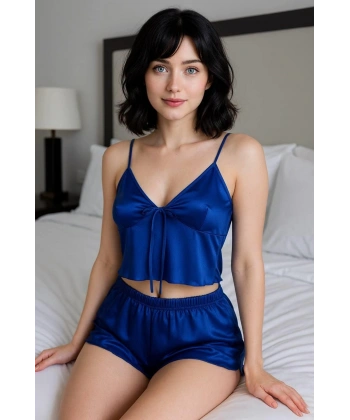 İnce Askılı Mavi Saten Şortlu Takım