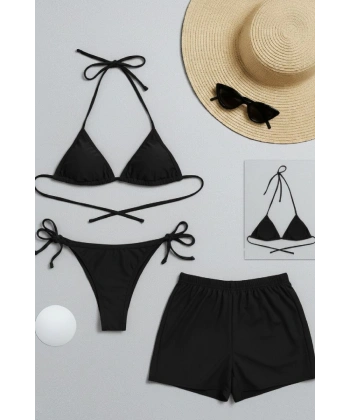 Kadın 3lü Set Siyah Şortlu Ve Yandan Bağlamalı Bikini Mayo Takımı