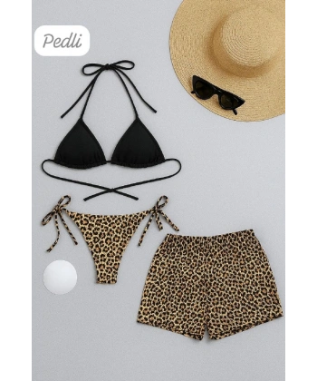 Kadın 3lü Set Siyah Ve Leopar Desenli Şortlu Yandan Bağlamalı Bikini Mayo Takımı