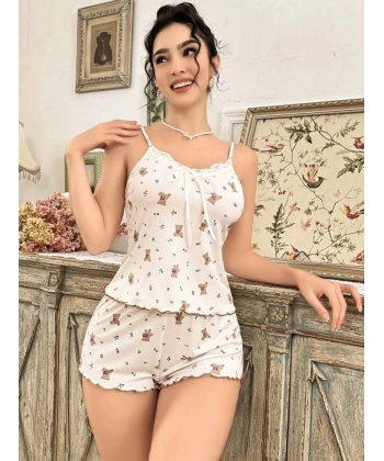 Kadın Ayıcık Desenli Şortlu Pijama Takımı Rahat Ve Şık Ev Giyim Seti