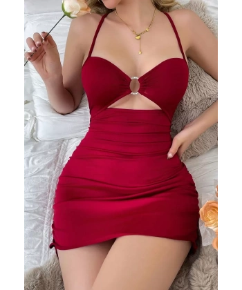 Kadın Bordo Drapeli Dekolteli Taş Halka Detaylı Şık Mini Gecelik