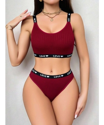 Kadın Bordo Love Yazılı Mayo Bikini