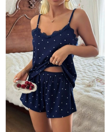 Kadın Dantel Detaylı Lacivert Şortlu Pijama Takım 5186