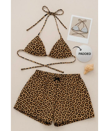 Kadın Leopar Desenli Şortlu Belden Ve Boyundan Bağlamalı Bikini Takımı